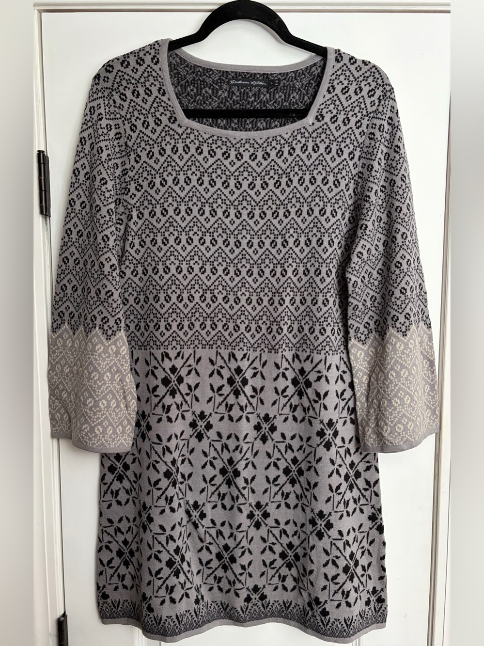 Gudrun Sjoden Nordic Pattern Knit A-Line Mini Dress L Folk Art Boho Cottagecore
